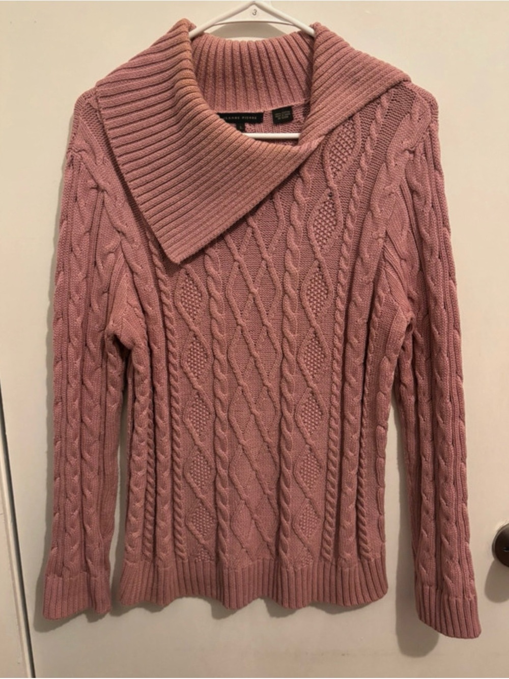 JEANNE PIERRE Dusky Pink Cable Knit Wide Collar Sweater
